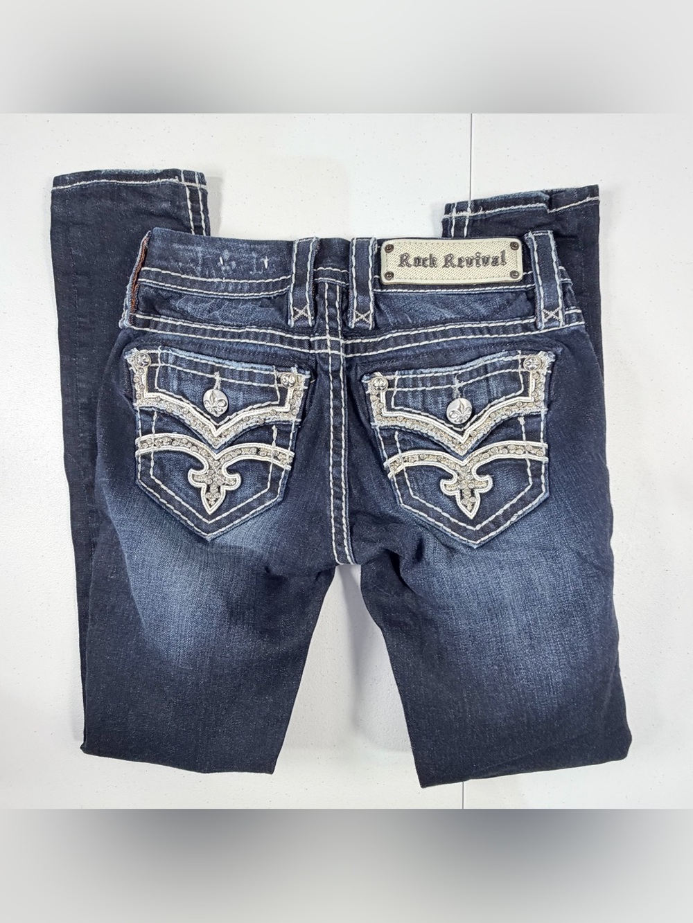 Rock Revival Karla Cuffed Skinny Jeans Dark Wash Rhinestone Embroidered Sz 24